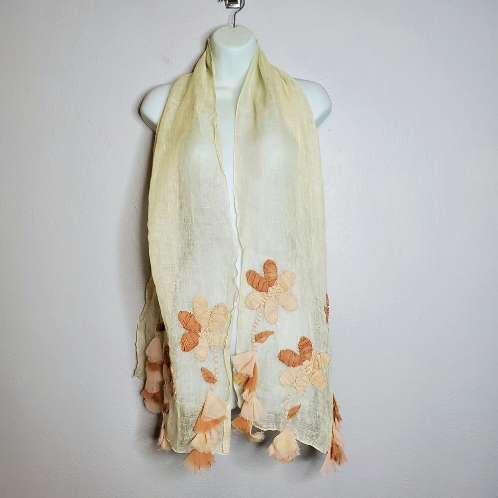 Unique Whimsical Linen Gauze Floral Applique Fringe Sheer Scarf Ethereal Earthy
